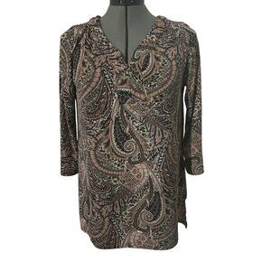 Amana Paisley Brown & Tan Print 3/4 Sleeve Womens Top Medium